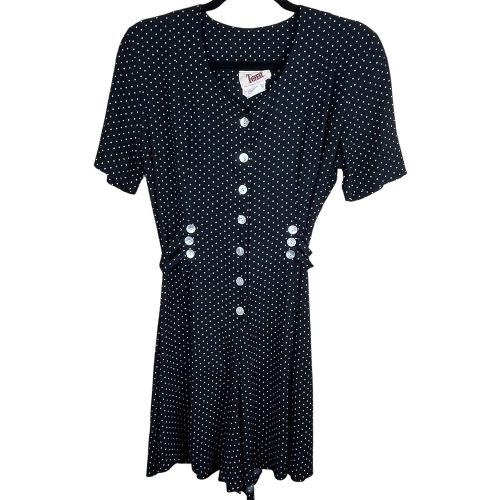 Vintage TOBI 90s Black Polka Dot Tie Back Romper, Mother of Pearl Buttons Sz 5/6